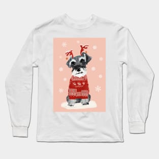 Christmas Miniature Schnauzer in Woolly Jumper and Reindeer Antlers Long Sleeve T-Shirt